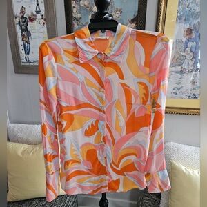 MNG Vibrant Orange and Pink Patterned Shirt Silk Sz 4